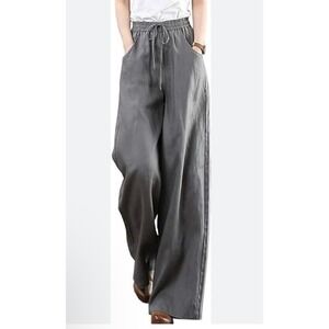 Hongsui Women's Cotton Linen Palazzo Pants Size L Drawstring Waist Wide Leg Gray